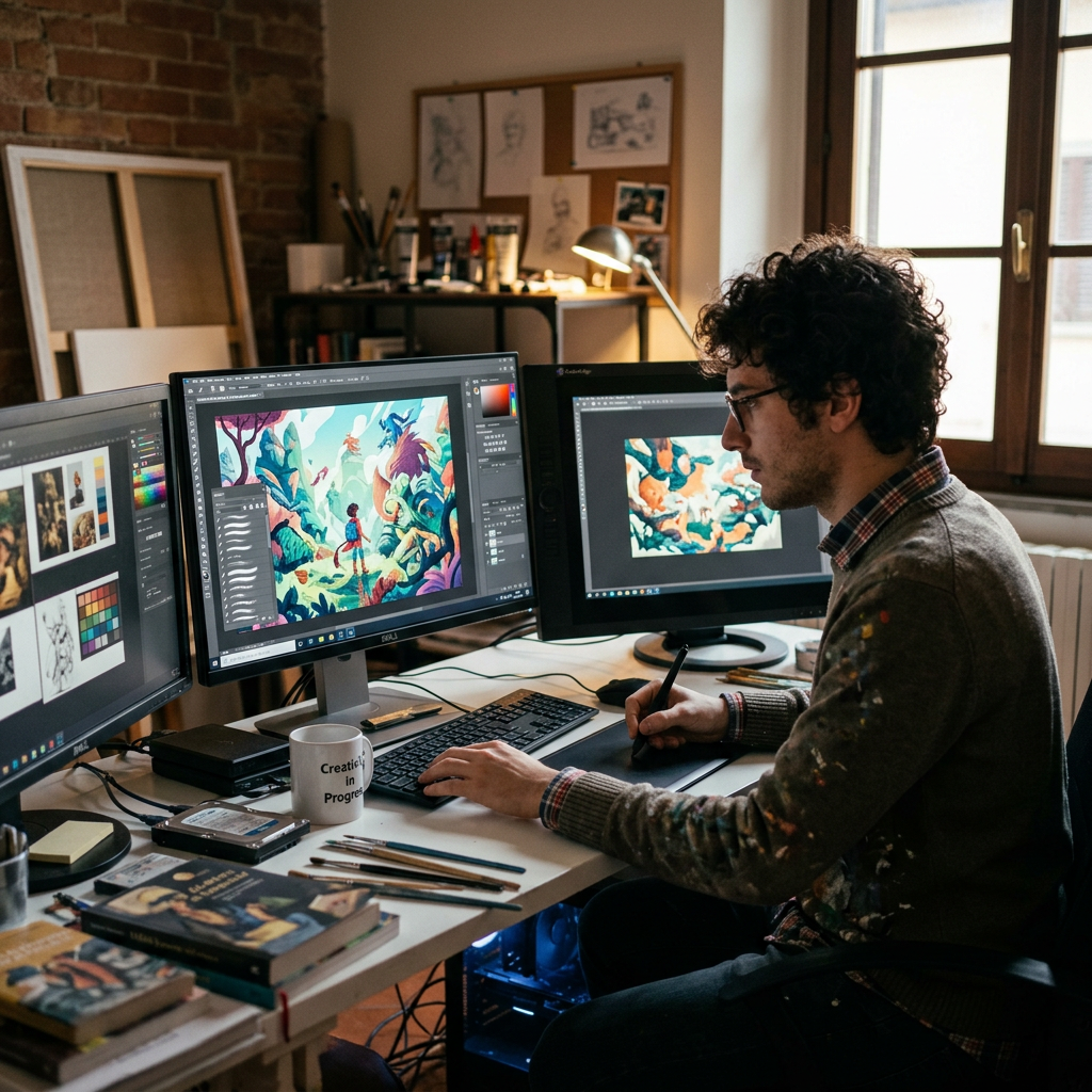 Illustrator working on colorful digital artwork across three monitors