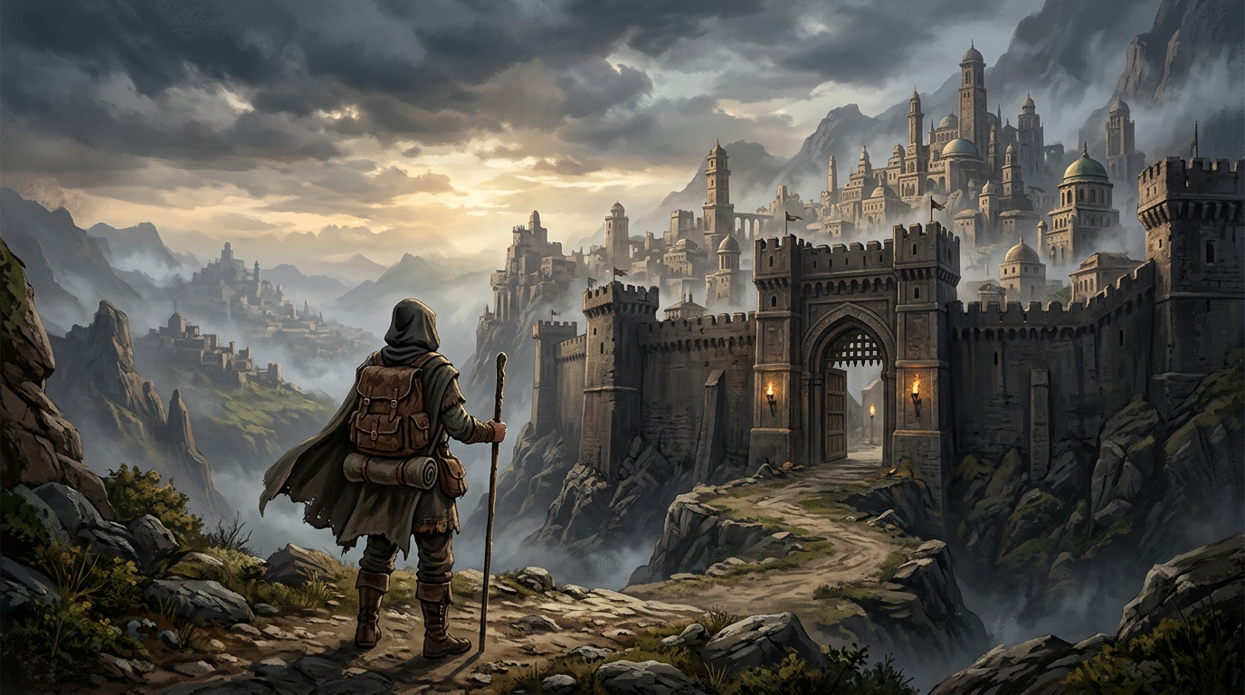 Hooded traveler approaching a fortress guarding a mountain city